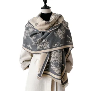 Elegant grey and beige faux cashmere shawl with retro floral prints and fringed edges