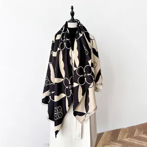 Women's Dual-Sided Imitation Cashmere Scarf Large Geometric Floral Pattern Warm Winter Shawl With Tassel Color Block Wrap