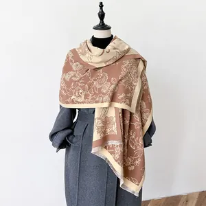 Vintage Floral Jacquard Scarf Double Sided Imitation Cashmere Shawl For Women Winter Warm Tassel Fringe Wrap Large Pashmina