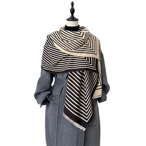 Double-sided geometric striped scarf in soft faux cashmere with tassels for winter