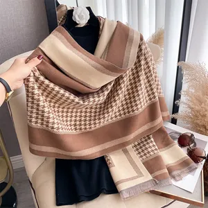 Classic houndstooth winter scarf with brown stripes and tassels for women's style