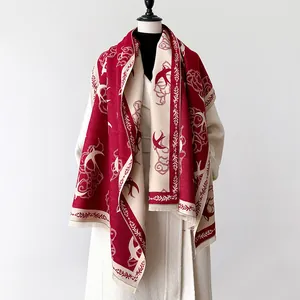 Detail of red and white double-sided cashmere scarf with swallow and cloud patterns