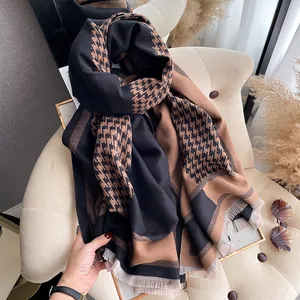 Houndstooth check scarf with tassels, thick winter shawl in black and brown color block