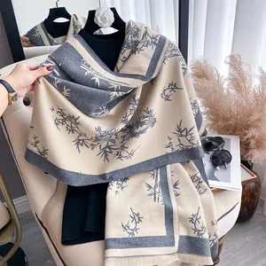 Bamboo print faux cashmere shawl with tassels in elegant grey and beige tones