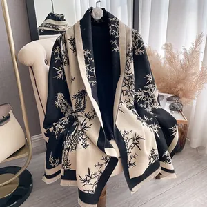 Women's Elegant Imitation Cashmere Scarf Retro Chinese Style Bamboo Leaf Print Tassels Autumn Winter Warm Fashion Shawl Wrap