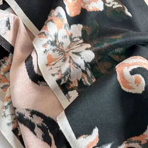 Winter floral cashmere shawl with vintage contrast patterns in black and pink for women