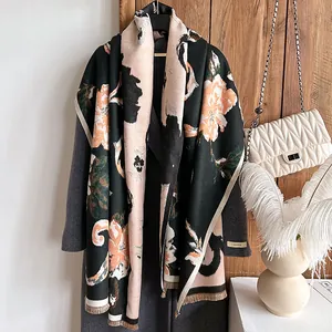 Vintage Floral Print Faux Cashmere Scarf Women Winter Warm Contrast Color Camellia Butterfly Tassel Shawl Wrap Neck Warmer