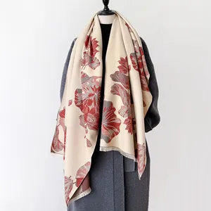 Dames Imitatie Kasjmier Sjaal Omslagdoek Botanische Lotus Print Retro Elegant Franje Sjaal Winter Warm Dik Zacht Pashmina Cadeau