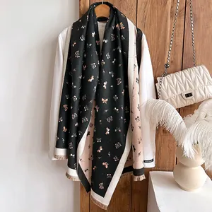 Elegant cashmere-like butterfly print scarf with tassels, black and pink reversible shawl