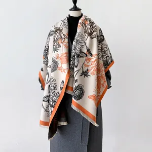Vintage Botanical Line Art Imitation Cashmere Scarf For Women Floral Butterfly Print Large Shawl Winter Warm Tassel Scarf