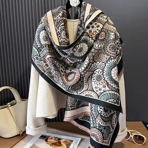 Vintage Paisley Print Tassel Scarf Cashmere-Like Warm Shawl Wrap For Women Winter Daily Office Blanket Scarf No Unit