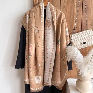 Camel faux cashmere scarf with vintage camellia floral pattern and fringe detail