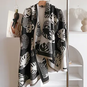Écharpe Femme Imprimé Feuilles de Monstera Double Face Imitation Cachemire Châle Chaud avec Glands Pashmina Hiver Doux