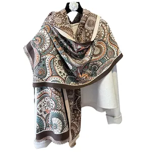 Bohemian paisley cashmere shawl with tassels in brown and blue floral prints