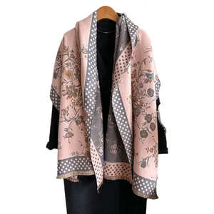 Pink and gray floral cashmere-like winter scarf with polka dots and fringed edges