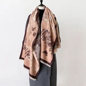 Floral leaf print cashmere shawl for women with elegant tassels and butterfly pattern