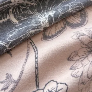 Floral line art cashmere-like scarf for women in dark grey and soft pink colors