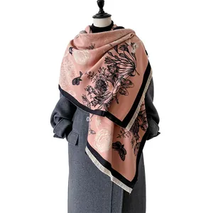 Floral print winter scarf for women in soft pink with tassels and warm cashmere feel