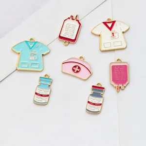 Pink and blue enamel medical charms featuring nurse outfits and hats for DIY bracelets