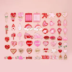 Dijes de Esmalte de Aleación del Día de San Valentín con Forma de Corazón Rosa Cupido Amor XOXO Colgantes para la Creación de Joyas de Bricolaje Collares Pulseras Accesorios
