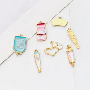Pink and blue medical enamel charms set with nurse hat and syringe for DIY jewelry