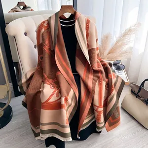 Elegant horse equestrian pattern thick shawl scarf with tassels and geometric motif