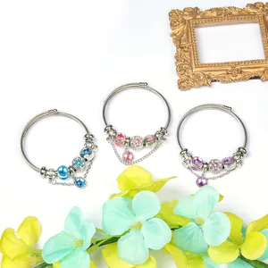 Adjustable colorful crystal bead bracelets with stainless steel wire and rhinestone charms