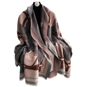 Thick winter shawl wrap with equestrian horse print and fringe trim for women