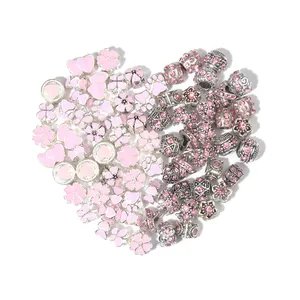 Ensemble de Perles de Charmes de Bijoux DIY Pour la Fabrication de Bracelets Alliage Strass Émail Perles à Grand Trou Mix Rose Violet Bleu Floral Cœur Patte Pour Femme Accessoires d'Artisanat