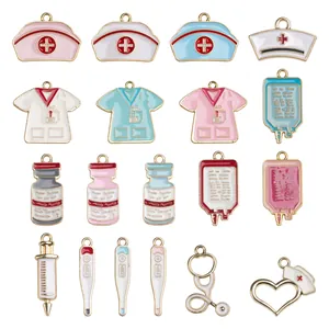 Pink and blue medical charms set for DIY jewelry with nurse hats and scrubs pendants