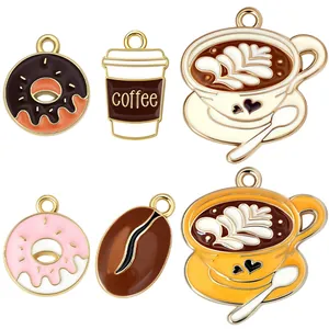 Set of 6 coffee and donut enamel pendants with gold alloy plating for DIY jewelry making