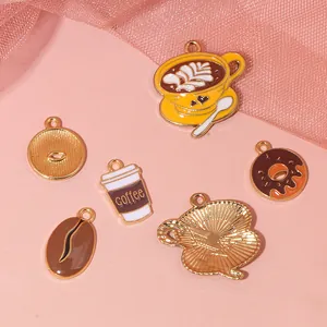 Enamel coffee and donut charms set for DIY jewelry making with gold-toned alloy base