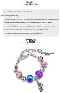 Detailed view of adjustable unicorn charm bracelet with colorful crystal beads and rainbow charms