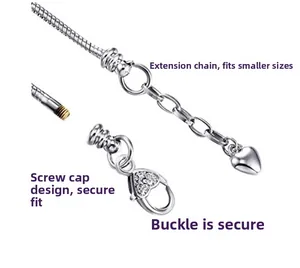 Macro detail of silver snake chain with heart extender and secure lobster clasp closure