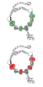 Detail of DIY charm bracelets with unicorn pendants, faceted glass beads and heart charms