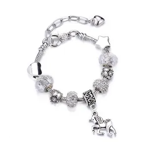Silver unicorn charm bracelet with colorful crystal beads and adjustable snake chain