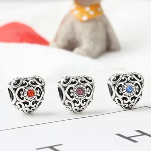 Vintage Alloy Hollow Heart Birthstone Charms With Rhinestones DIY Accessories For Bracelets Necklaces Women Jewelry