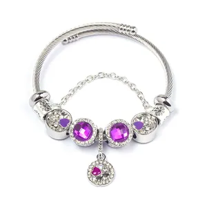 Close-up of a silver charm bracelet with purple gems, enamel hearts and a safety chain