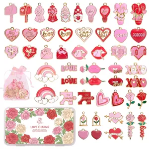 Kit de Fabrication de Bijoux Breloques Cœur Rose en Émail Saint-Valentin Avec Bracelets Colliers Composants Et Boîte DIY