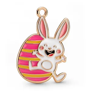Colgante de conejo de Pascua y huevo colorido con base de metal dorado y esmalte