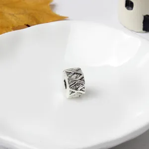 DIY antique silver alloy barrel spacer bead with geometric texture for charm bracelet