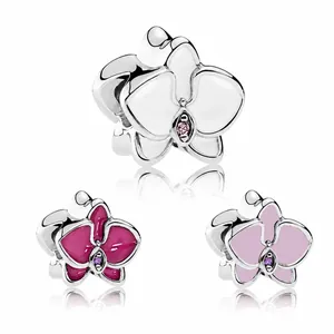 DIY Alloy Enamel Orchid Flower Charms With Zirconia Inlay For Snake Chain Bracelets Pink Red White Floral Beads Jewelry Making