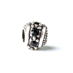 Cuenta redonda retro de plata con cristales negros y microperlas para pulseras DIY