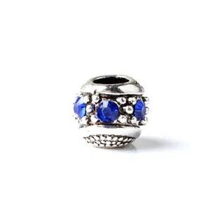 Cuenta vintage plateada de agujero grande con cristales azules para pulseras de bricolaje