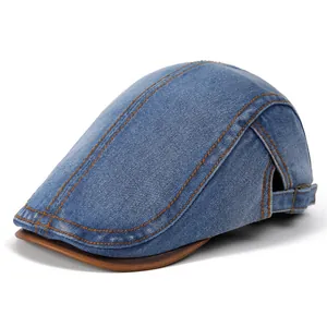 Vintage Washed Denim Flat Cap With PU Leather Brim Contrast Stitching Adjustable Newsboy Ivy Hat For Women Retro Outdoor Casual