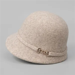 French vintage beige wool felt newsboy hat with elegant gold chain buckle decoration