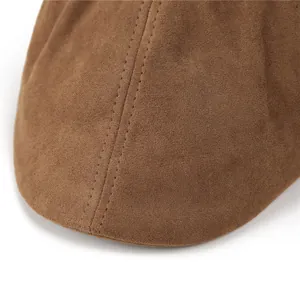 Brown faux suede beret for women featuring retro style and double-stitched visor detail