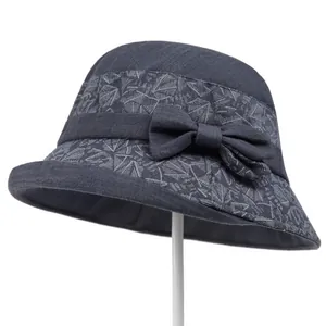 Women's Casual Cotton Blend Bucket Hat With Bow And Geometric Pattern Sun Protection Fisherman Hat For Middle Aged Elderly