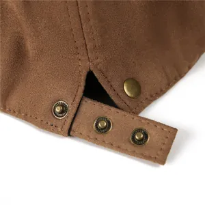 Retro brown suede beret featuring adjustable bronze metal snaps for custom sizing