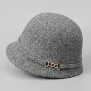 French vintage grey wool equestrian hat for women with elegant gold metal buckle detail